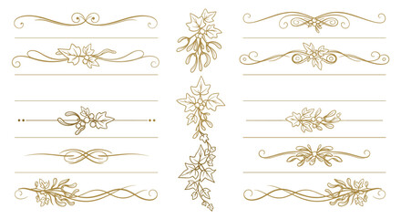 Obraz premium Minimalist Gold Foil Winter Divider, Elegant Mistletoe and Ivy Line Art for Wedding Invitation