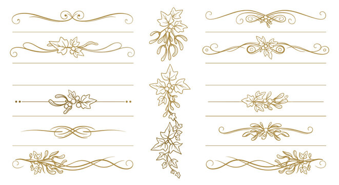 Minimalist Gold Foil Winter Divider, Elegant Mistletoe and Ivy Line Art for Wedding Invitation