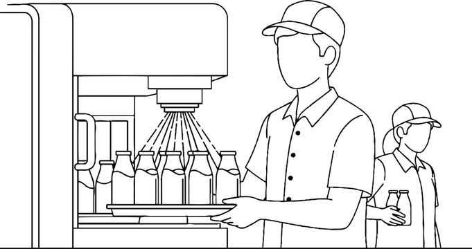 Worker operating automated beverage bottling machine indoors.