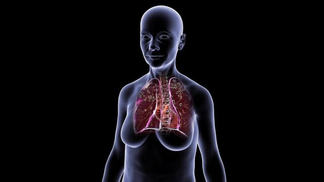 Silicosis in female silhouette, 3D animation showing fibrotic nodules and scarring within lung tissue, transparent thorax rotating on black background.