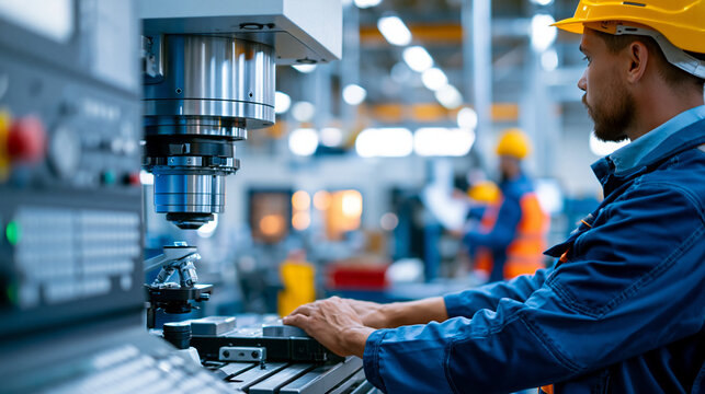 Faceless male engineer operating CNC machinery in factory, machine operation, manufacturing work, technical skill, industrial activity, with copy space