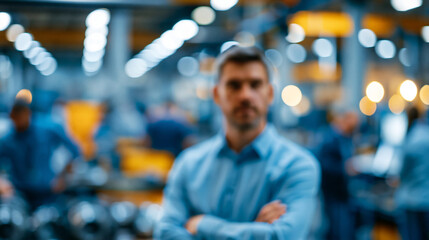 Obraz premium Defocused portrait of faceless male engineer on factory floor of busy workshop, soft focus workplace portrait, blurred background, industrial setting, with copy space