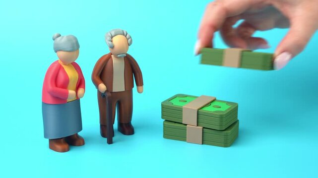 An elderly couple receives payments in cash. Pensions and pension savings for retirement. Social assistance programs and budget expenditures for supporting older citizens and financial stability