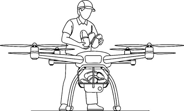 Person operating industrial drone with remote controller setup.