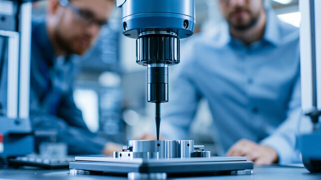 Faceless two male engineers uses CMM coordinate measuring machine in factory, precision measurement, industrial equipment, technical work, manufacturing environment, with copy