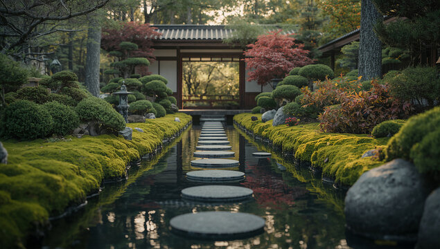 夕方の日本庭園で池と苔と飛び石が静かに光る和の風景