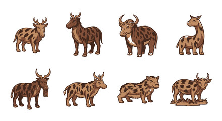 Obraz premium Cartoon illustrated collection of various stylized brown wild animals with horns