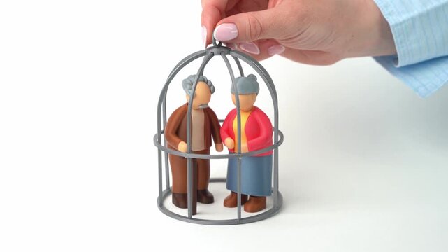 Trap an elderly couple in a cage. Information bubble and propaganda distort reality. Rights are limited as influence and control shape perception and social trust.
