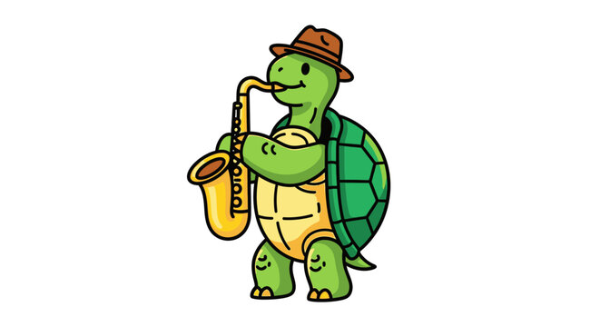 Cartoon turtle playing saxophone isolated on white background musical concept