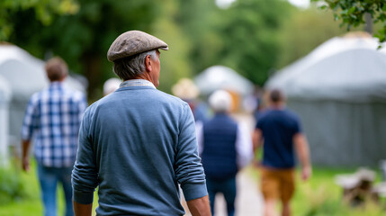 Obraz premium Faceless group of mature male friends walking along path through yurt campsite, male grouping, path walking, campsite exploration, with copy space