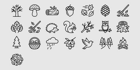 Icon set collection of forest elements, woodland animals, trees, and autumn mood symbols, presented in a simple outline vector style. © Raka Firdaus 