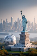 Fototapeta premium Creative concept of a giant soccer ball next to the Statue of Liberty with New York City skyline in background at sunset