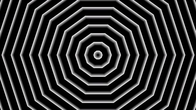 Concentric white octagonal shapes create a striking optical art pattern on a black background, suitable for design projects, backgrounds, and prints.