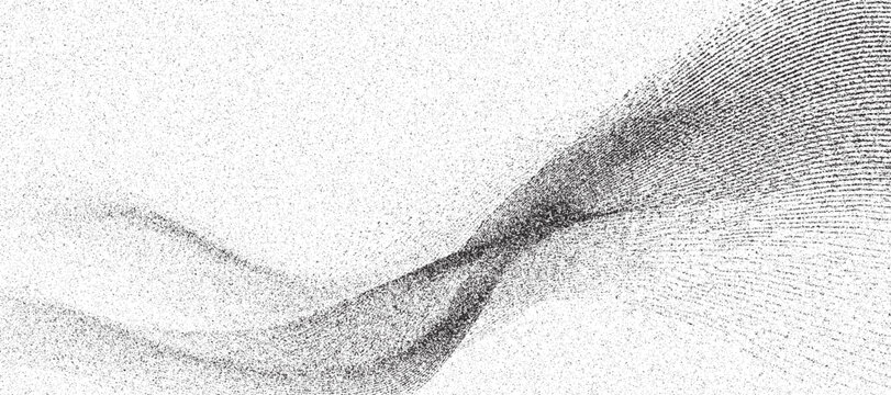 Halftone Wave Background. Modern Overlay. Black and White   grain background, stippling curved gradient wave texture, dots, speckles, particles or granules Abstract Texture. Worn Grunge Background. 