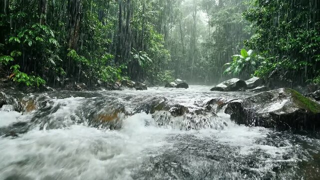 River, waterfall, forest, nature, landscape, tropical, greenery, misty, rocky, stream 4k