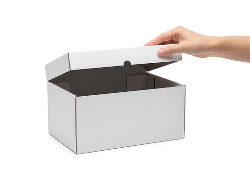 Hand opening empty white cardboard box