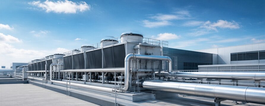Industrial cooling towers on the roof of a data center. Large HVAC system for server room climate control and facility infrastructure. Energy efficient technology for server management.