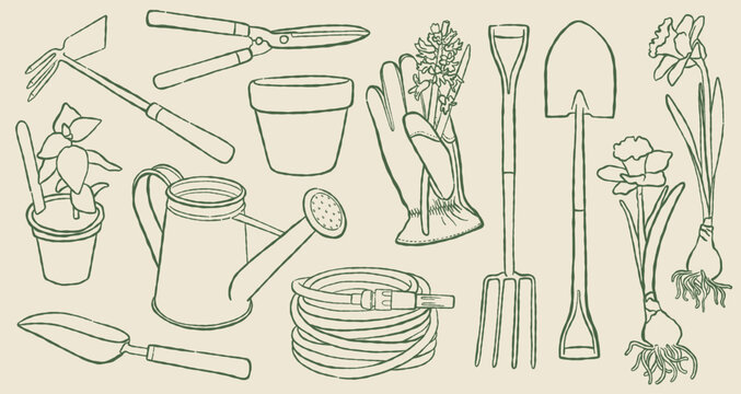 Hand drawn garden tools and botanical flowers illustration set. Cute doodle sketch of watering can, shovel, hose, gloves and spring daffodil bulbs. Olive green line art on cream background.