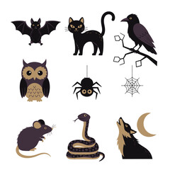 Obraz premium Halloween animal illustrations with bat cat raven owl spider mouse snake and wolf