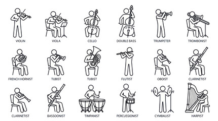 Orchestra Musicians Playing Instruments: String, Brass, Woodwind, Percussion, Harp © hidayati