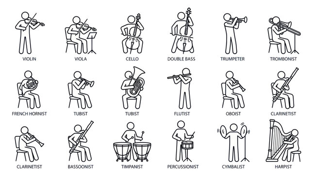 Orchestra Musicians Playing Instruments: String, Brass, Woodwind, Percussion, Harp