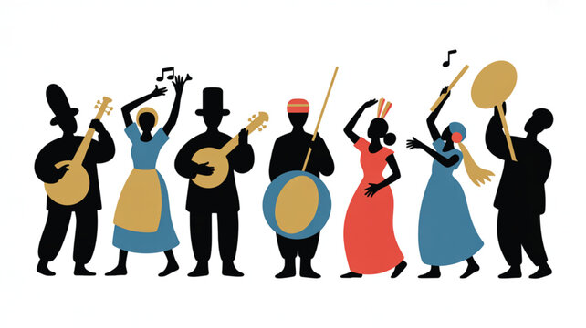 A musical group with seven figures plays string and percussion instruments with floating musical notes against a stark white background in a clean flat graphic.