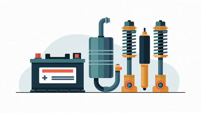 Automotive electrical and structural components including a battery, exhaust muffler, and two suspension shock absorbers are isolated against a neutral background.