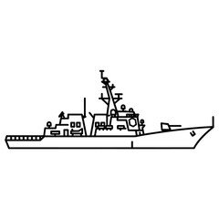 Obraz premium Line drawing illustration of a military naval ship isolated on white