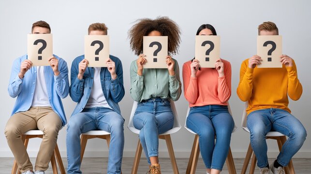 Diverse young people hiding faces behind question mark signs while sitting
