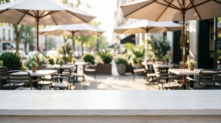 Obraz premium Outdoor Cafe Terrace with Umbrellas and Tables for Web Design