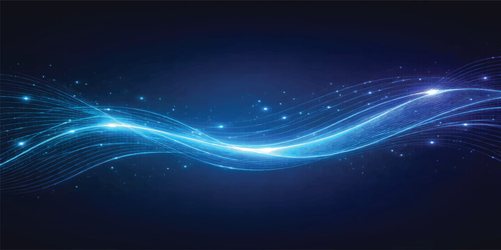 Abstract Blue Neon Light Wave on Dark Background &ndash; Glowing Digital Data Flow, Futuristic Technology Energy Lines Banner