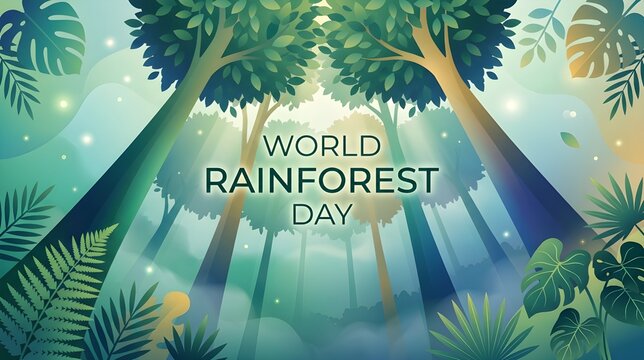 World Rainforest Day Modern Gradient Rainforest Landscape with Sunlit Trees and Contemporary Typography Design