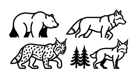 Fototapeta premium Outlined illustrations of wildlife animals and evergreen trees isolated