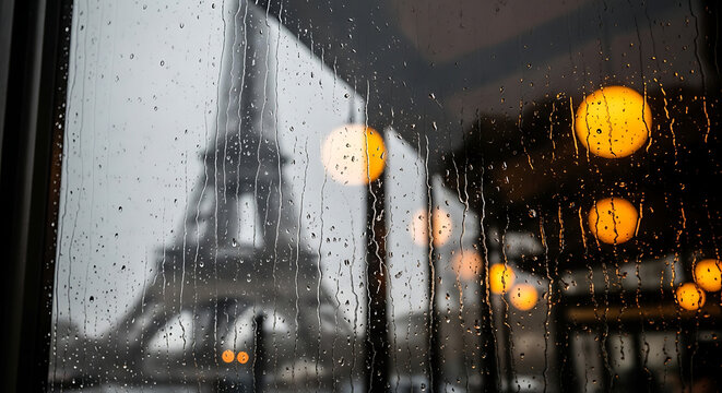 Romantic Parisian scene through a rainy window Eiffel Tower silhouetted against soft gray sky with warm lantern lights