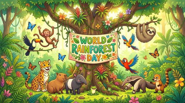 World Rainforest Day Cartoon Rainforest Animals Gathering Around Tropical Tree with Playful Typography