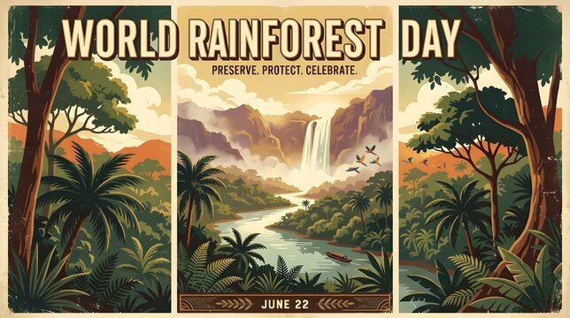 World Rainforest Day Retro Vintage Rainforest Travel Poster Illustration with Classic Typography Style