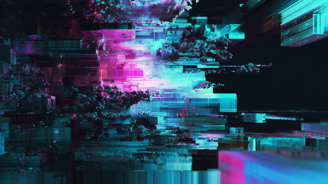 Digital GPU glitch abstract background with cyan and pink neon texturing