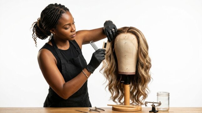 Hair Stylist Styling Wavy Blonde Wig on Mannequin Head