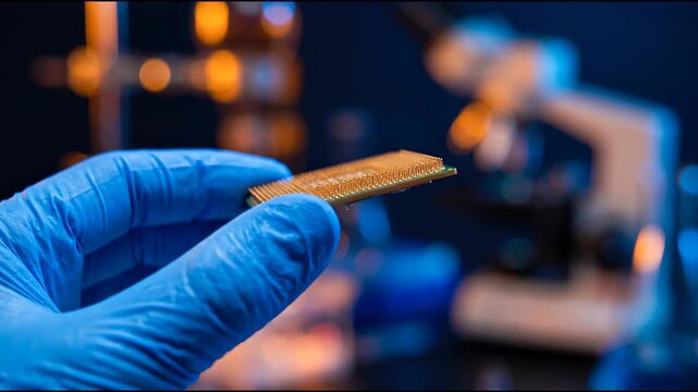 A person in gloves holds a computer chip in a laboratory. The focus is on the chip as it is shown from different angles. The person prepares for further examination under a microscope