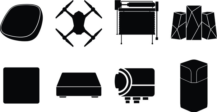 Modern smart home devices and consumer electronics icon set featuring quadcopter drone smart thermostat projection screen speakers and home automation vector illustrations
