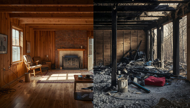 火災前の住宅内部と焼け跡を左右で比較する防災写真素材