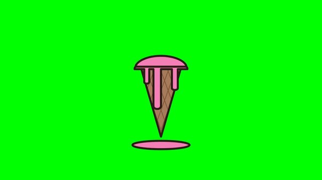 2D Flat Cartoon Pink Ice Cream Cone Melting Animation on Green Screen Chroma Key