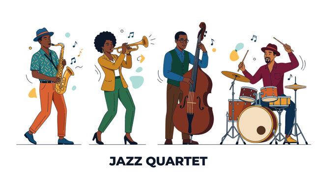 Jazz Quartet Performing Music with Instruments: Saxophone, Trumpet, Double Bass, Drums