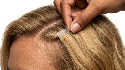 Naklejka premium Hair Extension Tape-In Application on Blonde Hair