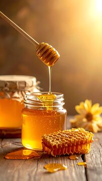 Golden honey dripping from dipper.