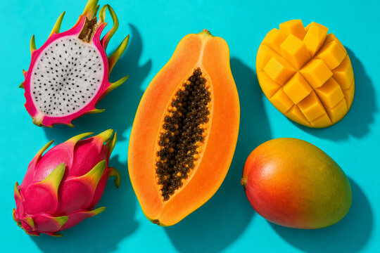 Vibrant tropical fruits dragon fruit papaya and mango arranged on a bright turquoise background
