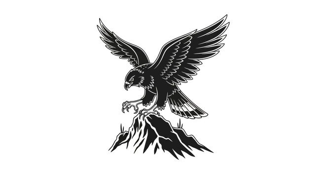 Black silhouette of a falcon in flight, landing on jagged rocks.