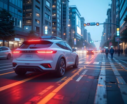 self driving car autonomous vehicle on city street at evening with traffic lights