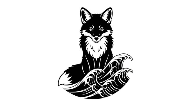 Stylized Fox Silhouette Sitting on Abstract Waves - Vector Art