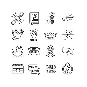 Juneteenth Freedom Day Icon Set Including Broken Chain, Unity Fist, Dove, and American Map, Vector, Icon